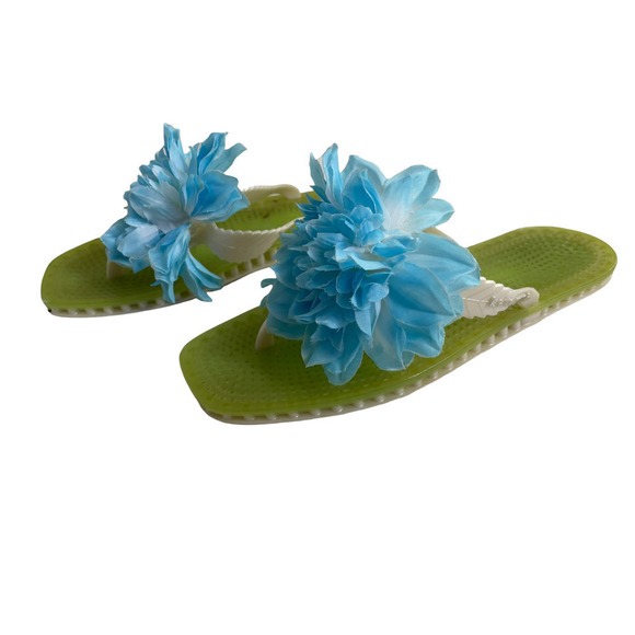 KATE SPADE BELLA JELLY FLIP FLOPS LIME GREEN W/BLUE FLOWERS - Picture 3 of 7